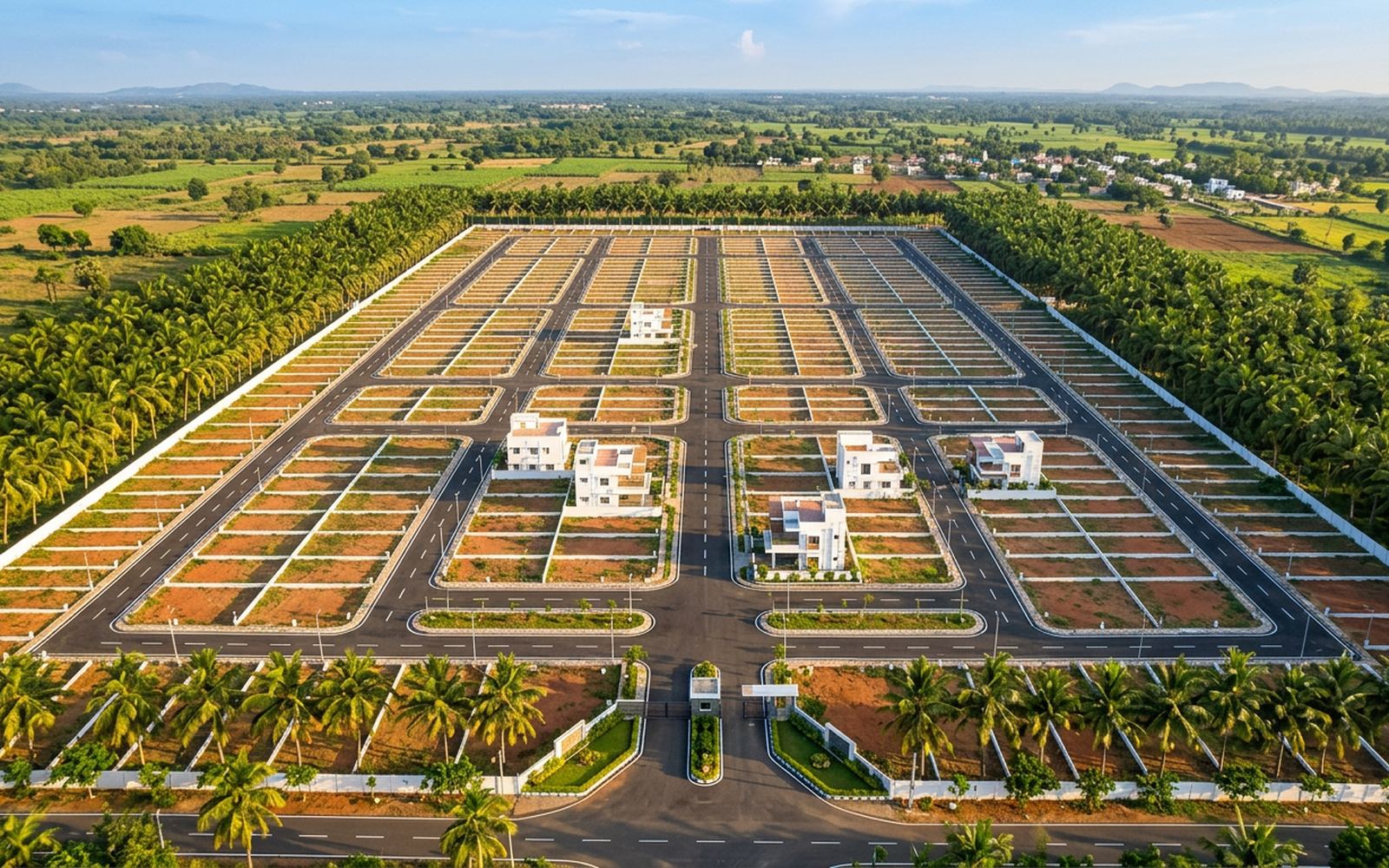 Aerial view of a newly developed residential plotted layout with roads and marked plots